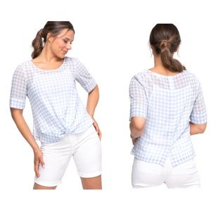 Cleo Knot Front Button Back Gingham Blue White Blouse Size M